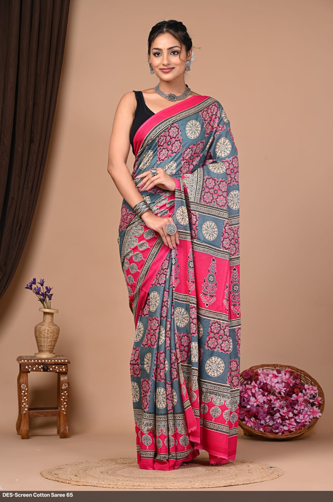 Cotton Mulmul Printed Saree with Attached Printed Blouse