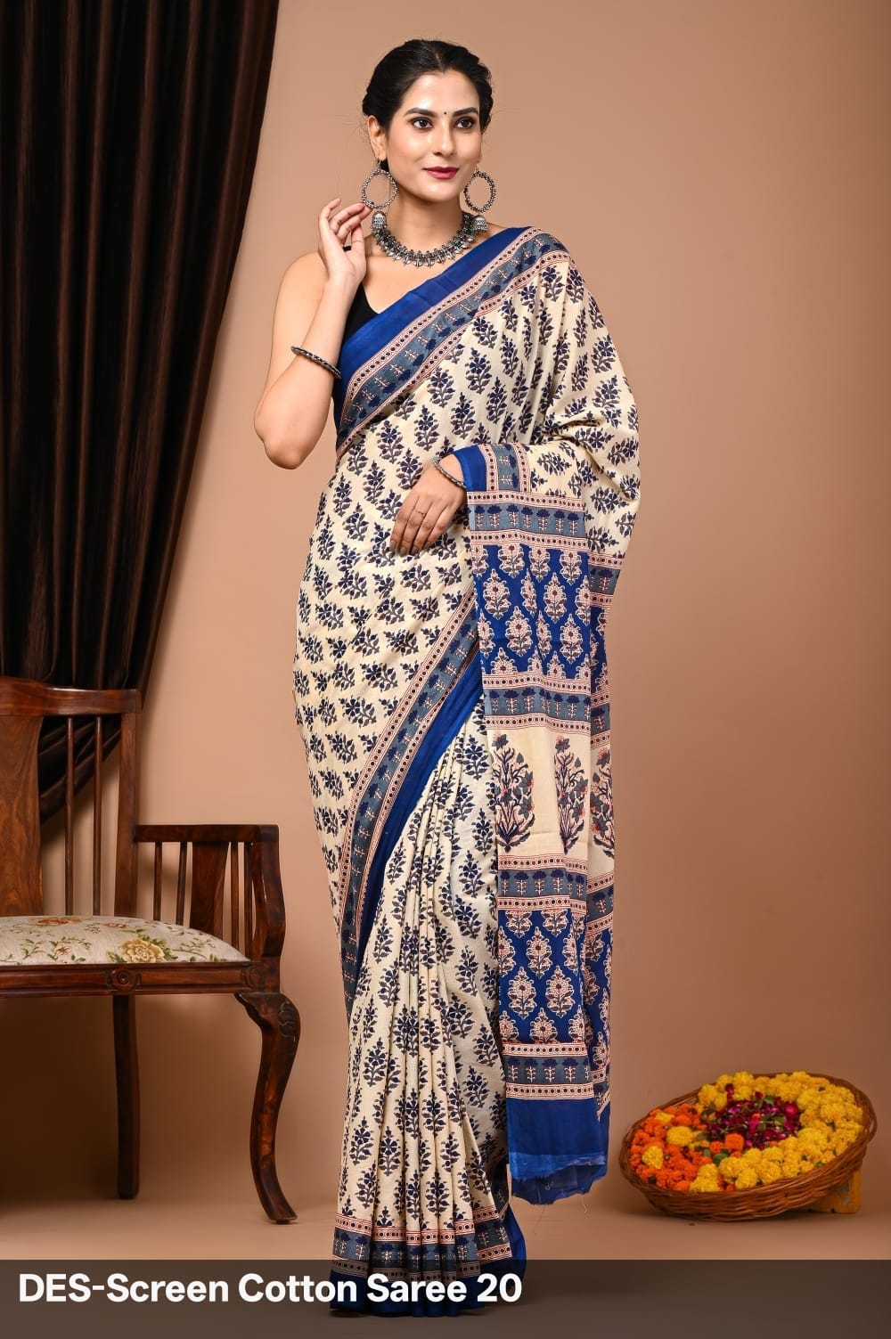 Cotton Mulmul Printed Saree with Attached Printed Blouse