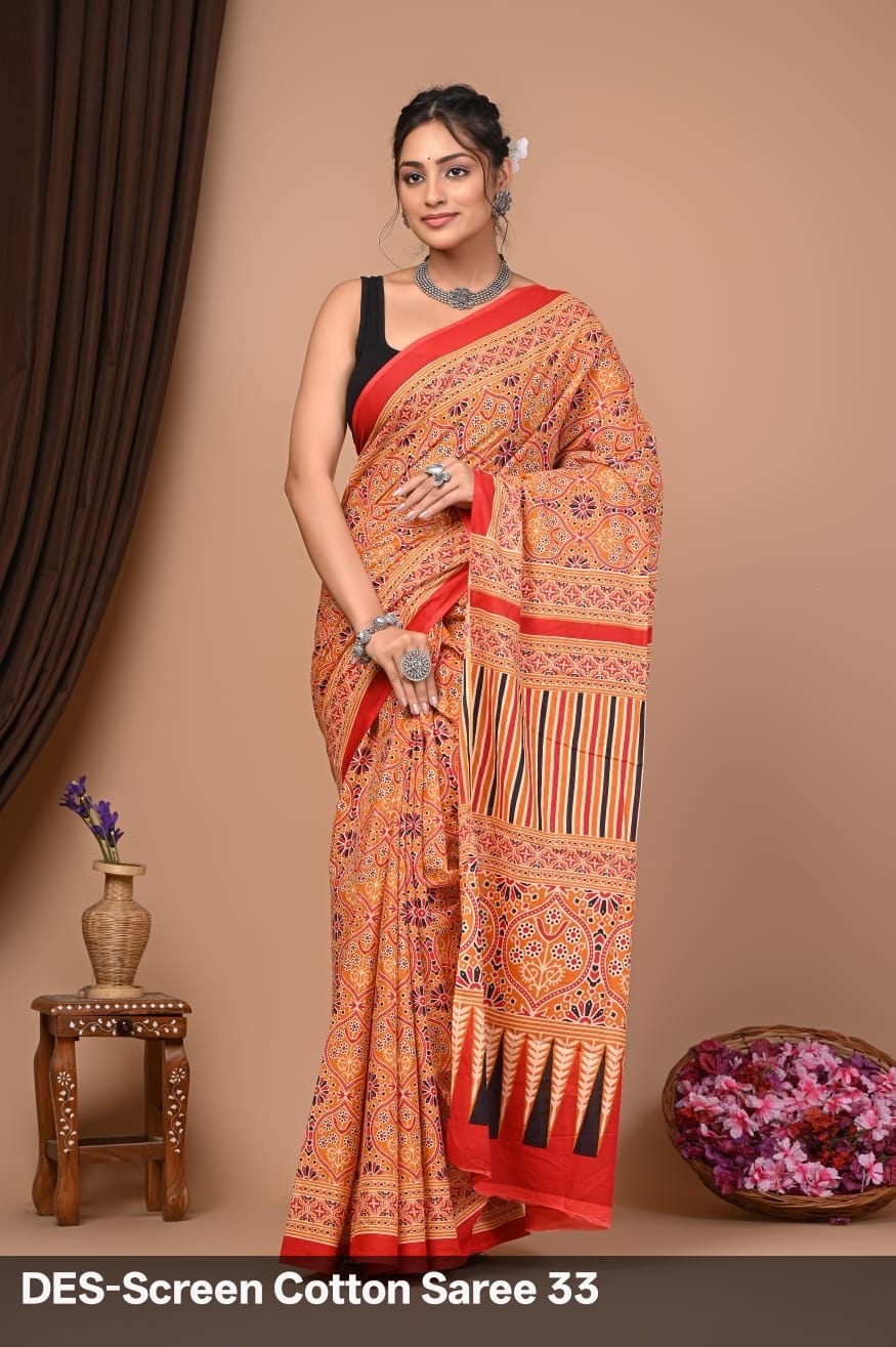 Cotton Mulmul Printed Saree with Attached Printed Blouse