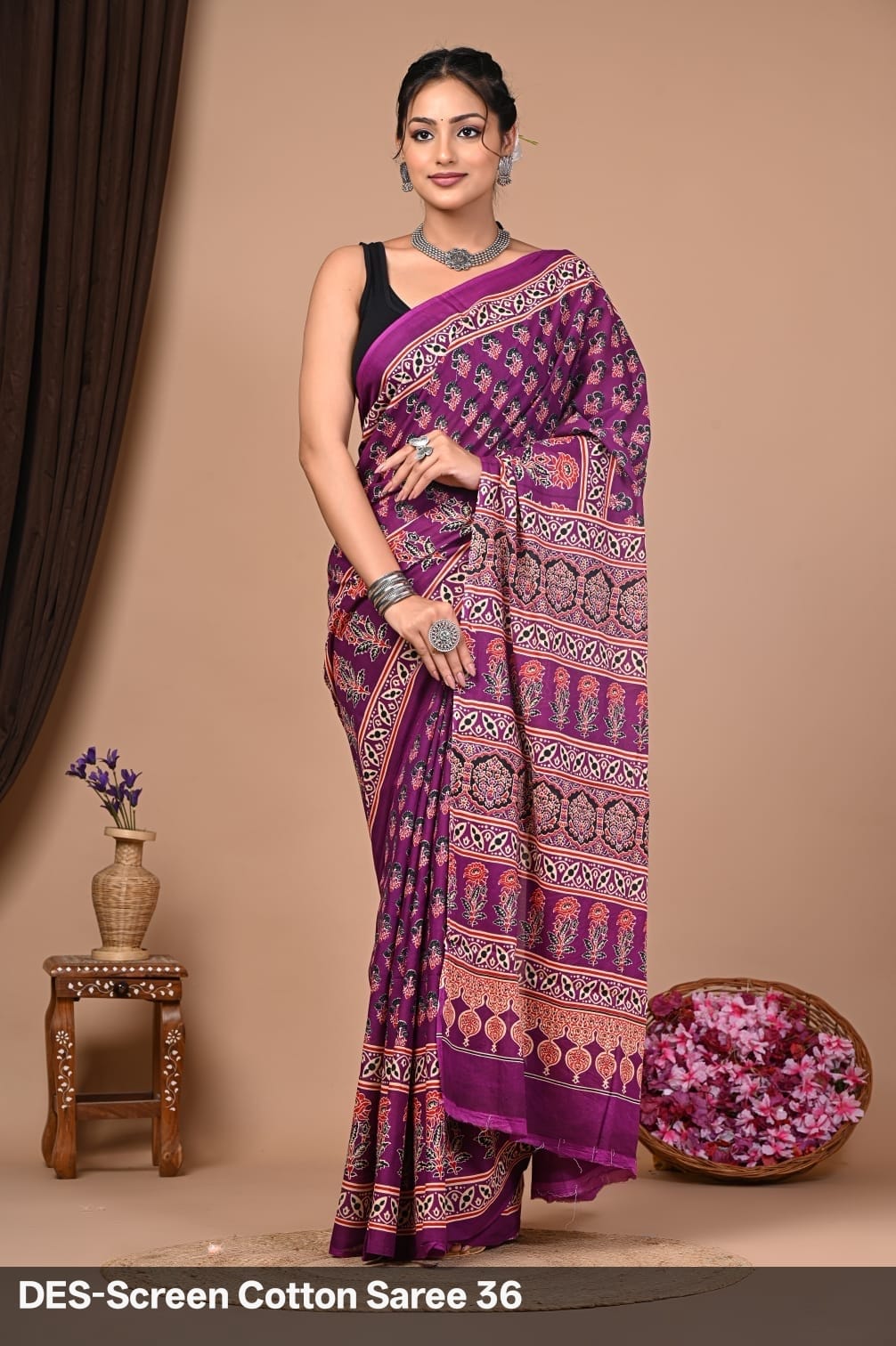 Cotton Mulmul Printed Saree with Attached Printed Blouse