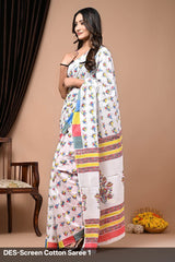 Cotton Mulmul Printed Saree with Attached Printed Blouse