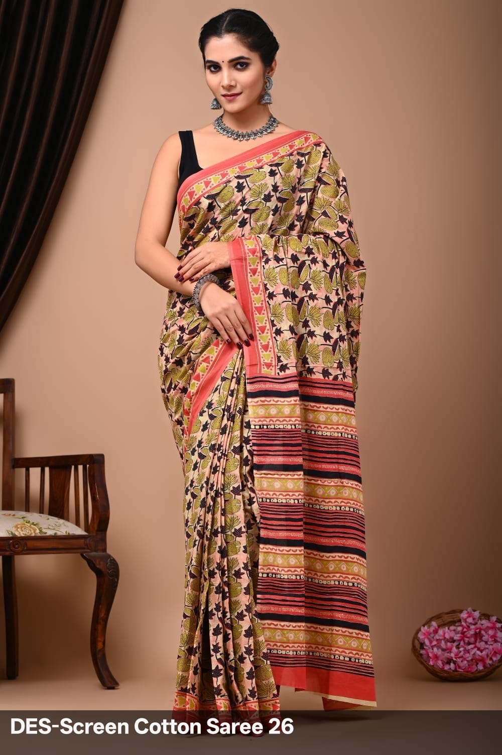 Cotton Mulmul Printed Saree with Attached Printed Blouse