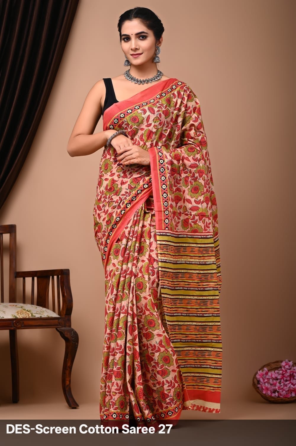 Cotton Mulmul Printed Saree with Attached Printed Blouse