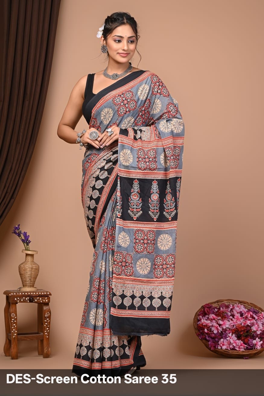 Cotton Mulmul Printed Saree with Attached Printed Blouse