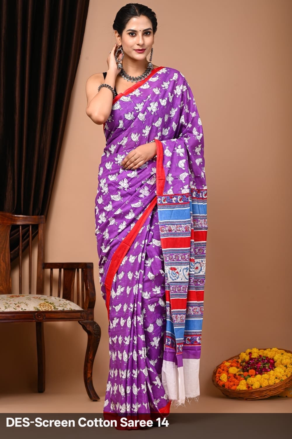 Cotton Mulmul Printed Saree with Attached Printed Blouse