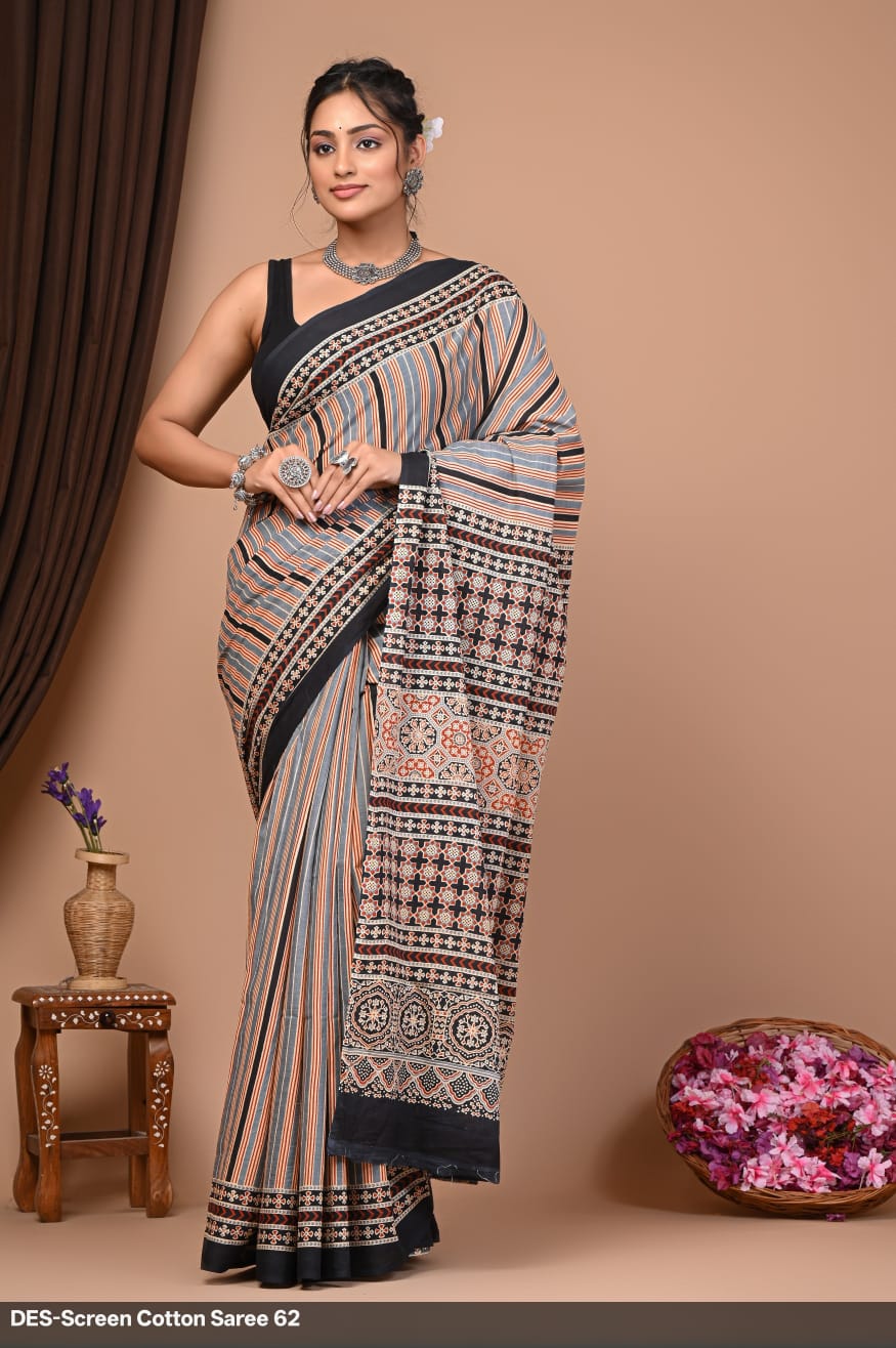 Cotton Mulmul Printed Saree with Attached Printed Blouse