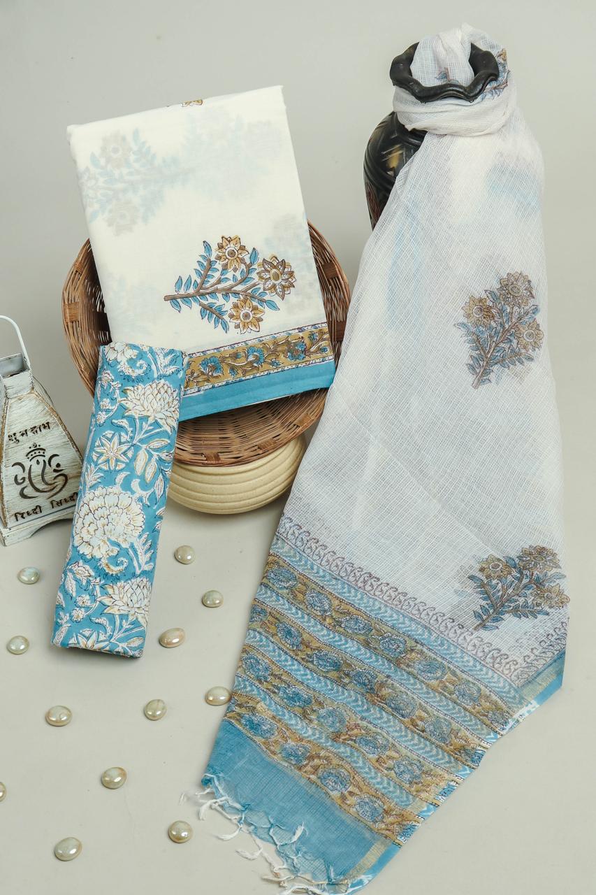 Elegant Blue Blossom Cotton Dress Material Set