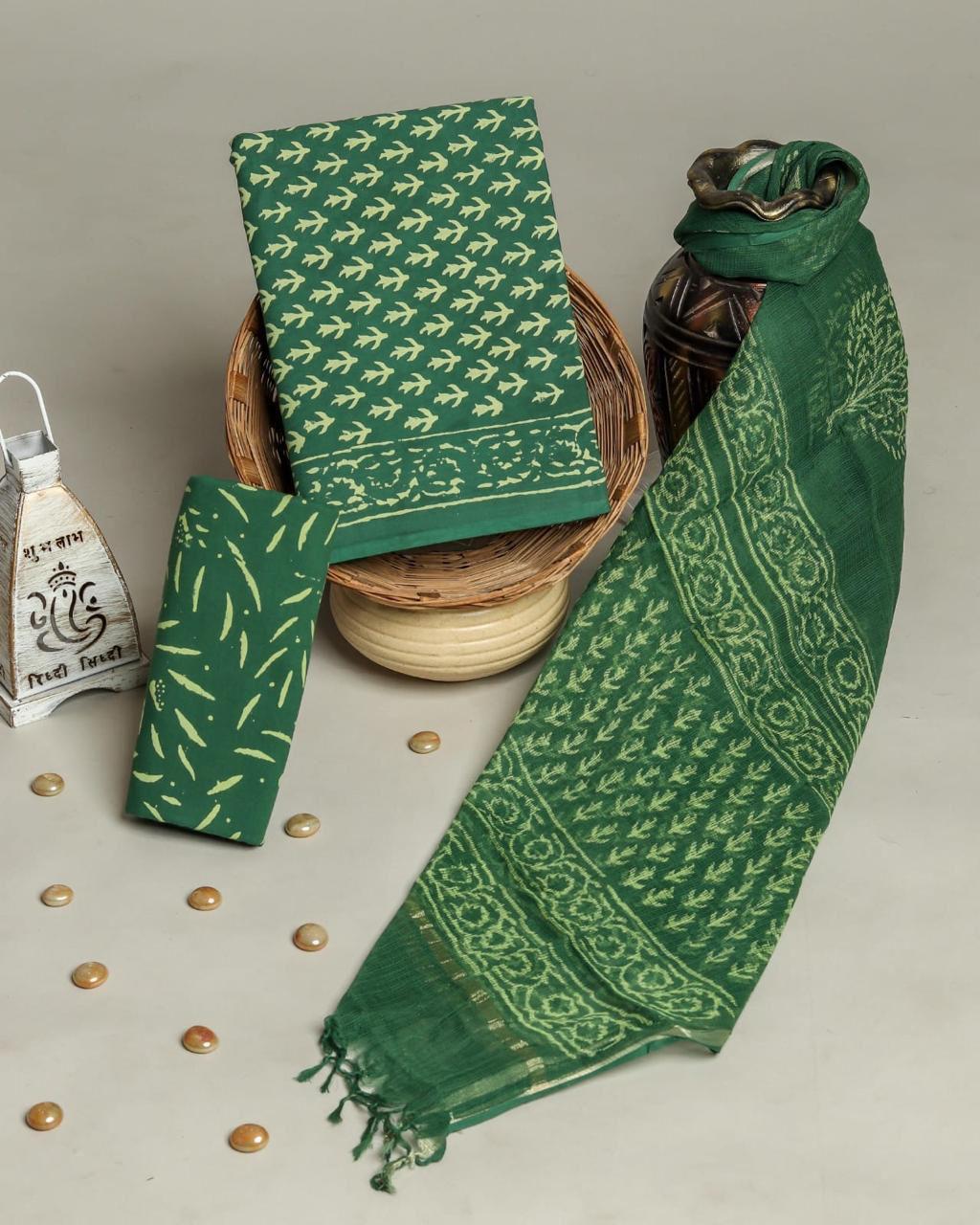 Emerald Green Handblock Print Cotton Suit With Kota Doriya Dupatta