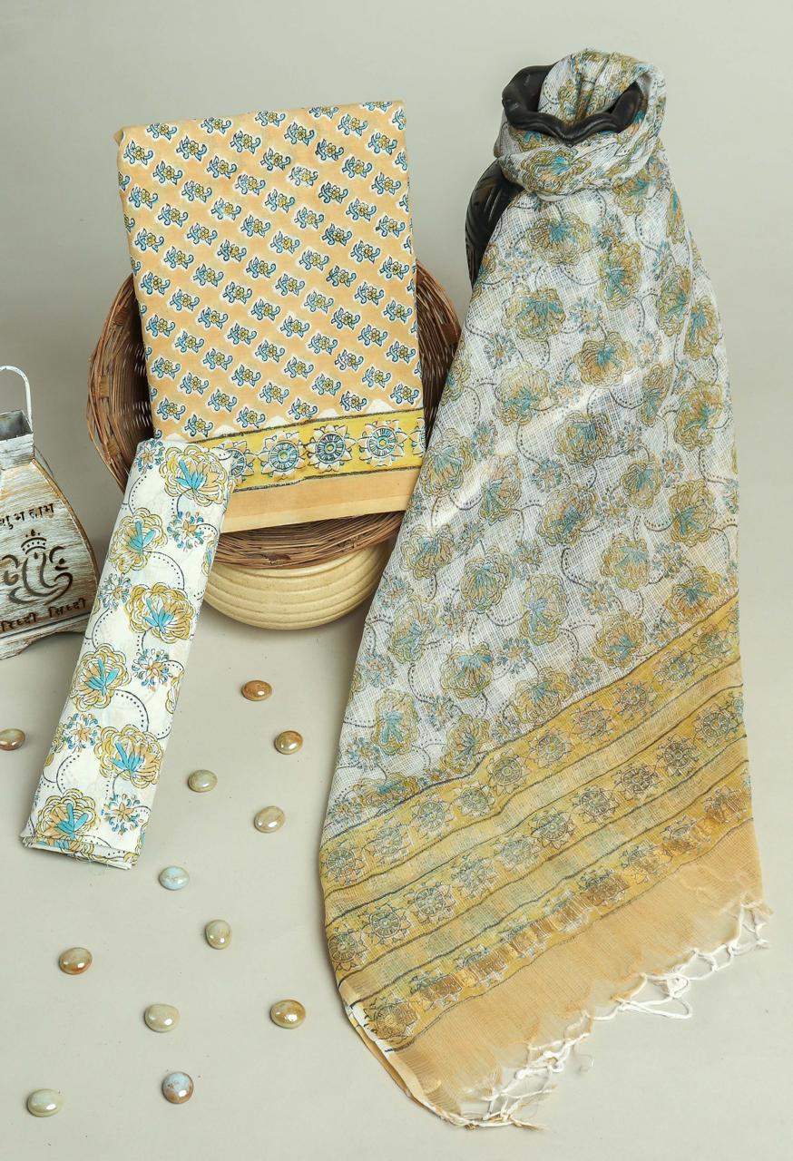 Golden Bloom Cotton Suit with Kota Dupatta