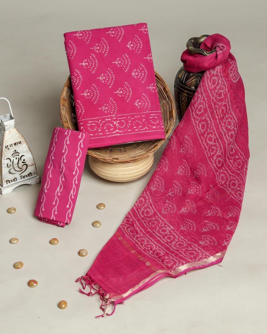 Hot Pink Handblock Print Cotton Suit With Kota Doriya Dupatta