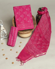 Hot Pink Handblock Print Cotton Suit With Kota Doriya Dupatta