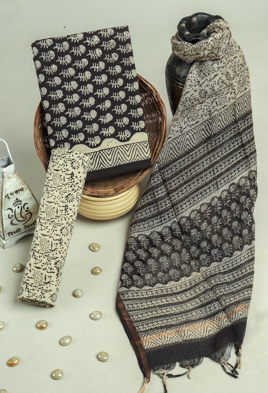 Black Ivory Floral Print Cotton Suit With Kota Doriya Dupatta