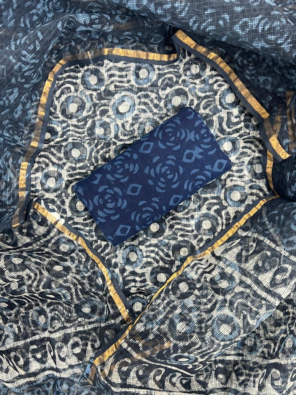 Indigo Bagru Hand Block Printed Kota Doriya Suit Set with Zari Border Dupatta