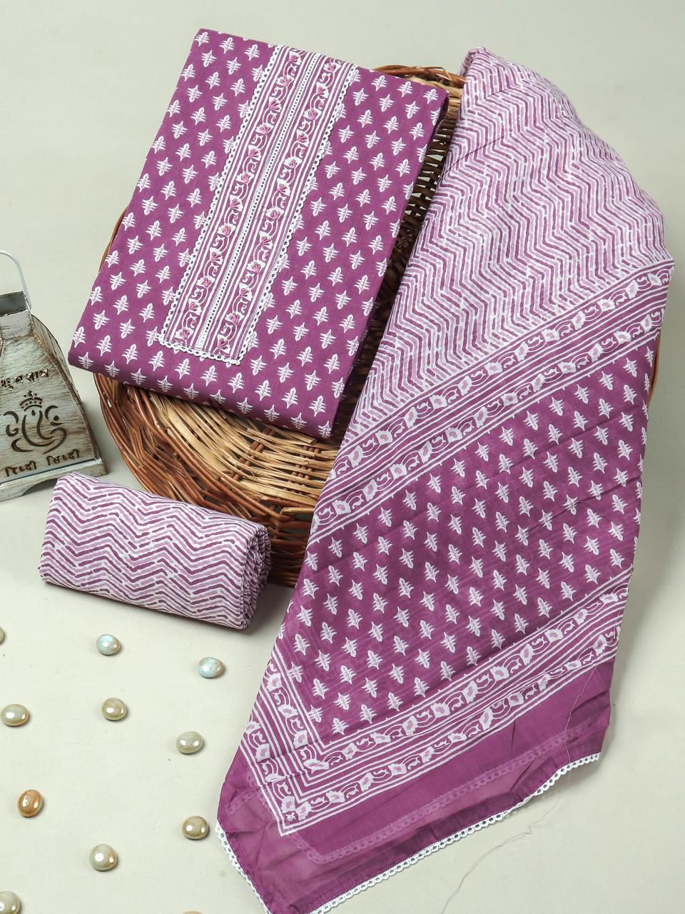 Lavender Purple Handblock Print Cotton Suit with Cotton Dupatta