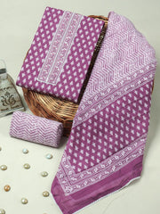 Lavender Purple Handblock Print Cotton Suit with Cotton Dupatta
