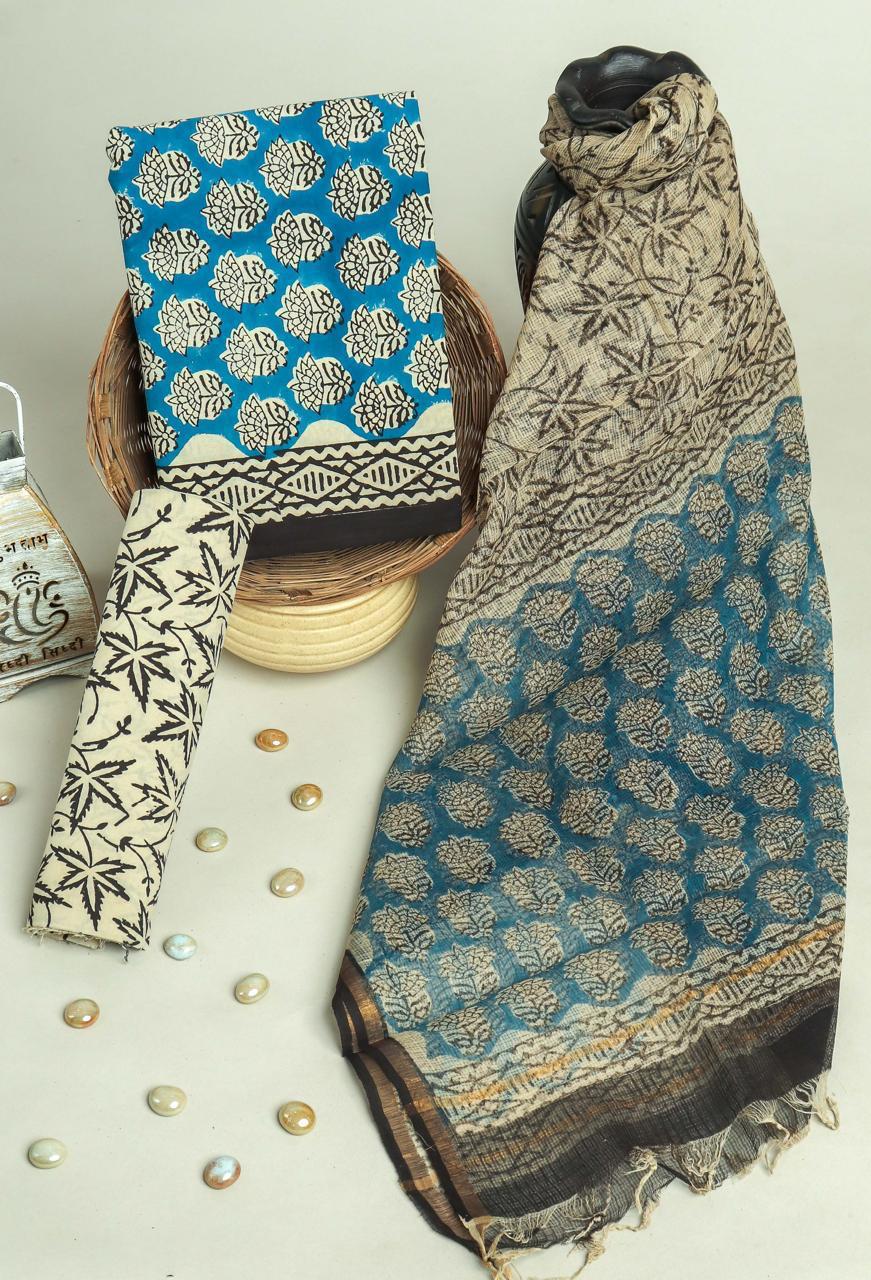 Blue Leaf Printed Cotton Suit Set with Dupatta