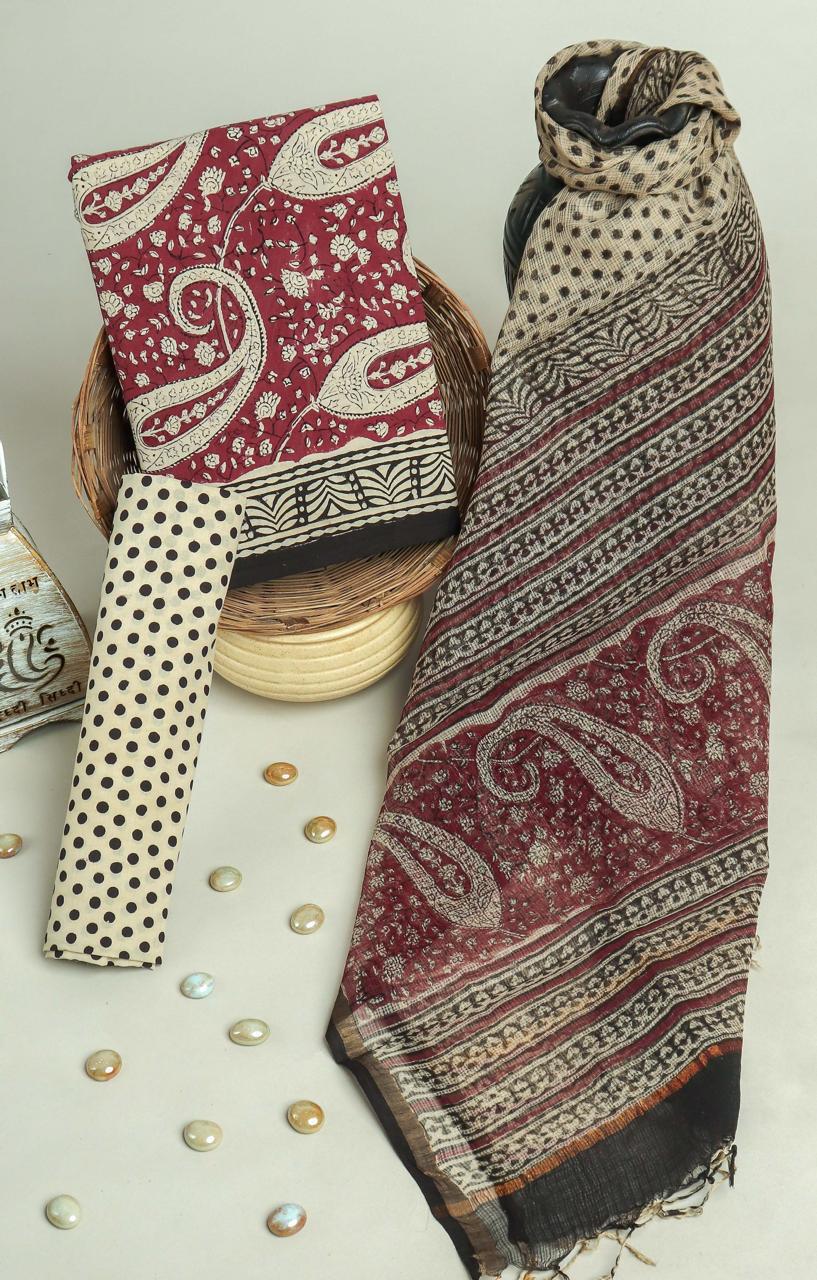 Maroon Paisley Printed Cotton Suit Set with Dupatta