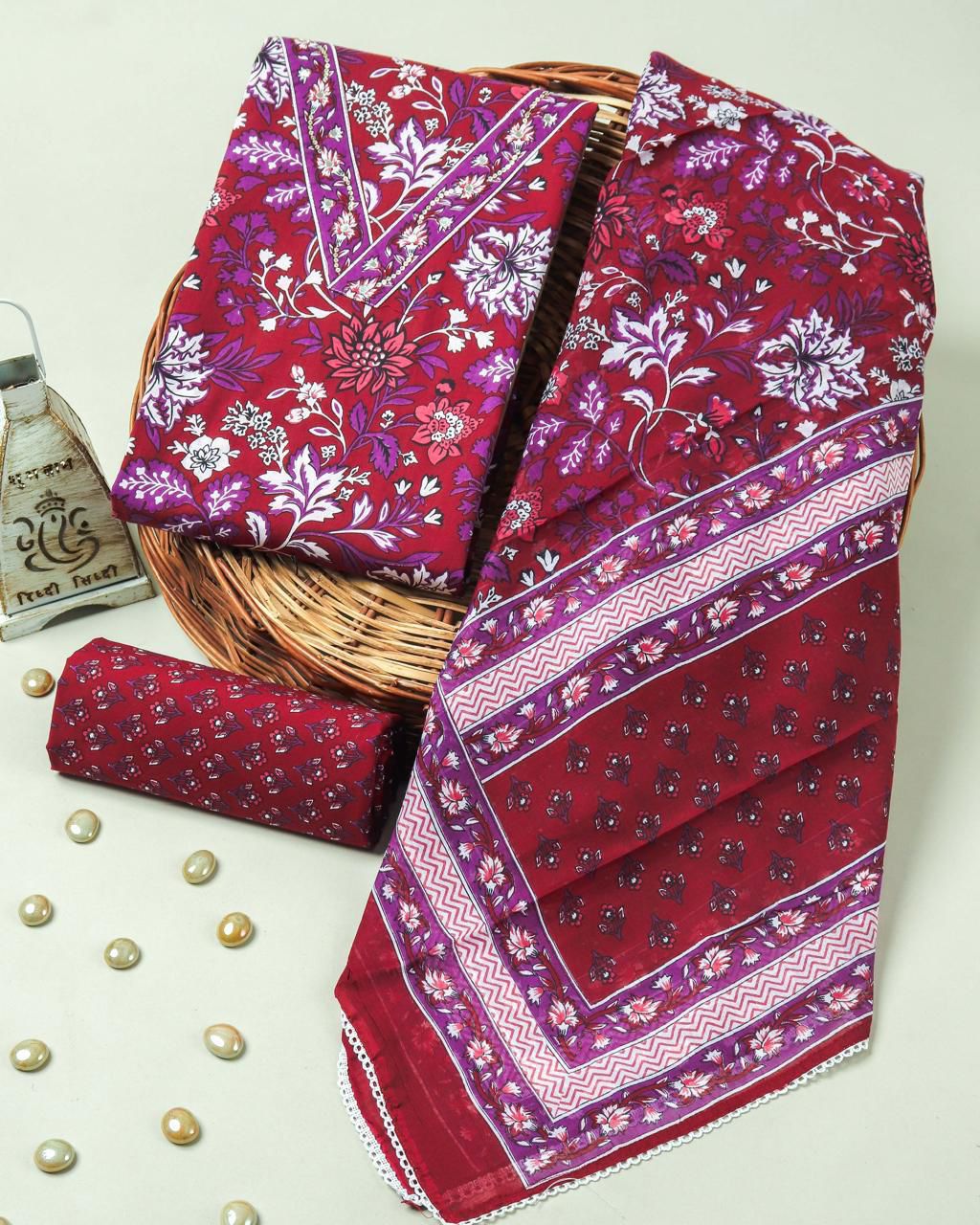 Maroon Floral Handblock Print Cotton Suit with Cotton Dupatta