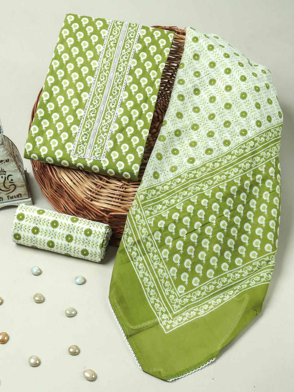 Green Sanganeri Print Cotton Suit Material with Cotton Dupatta