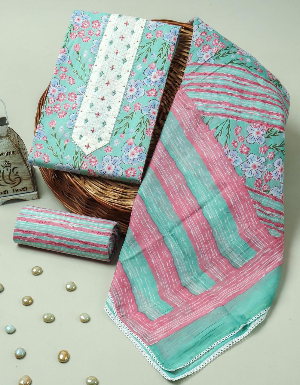 Mint Green Floral Handblock Print Cotton Suit with Cotton Dupatta