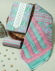 Mint Green Floral Handblock Print Cotton Suit with Cotton Dupatta