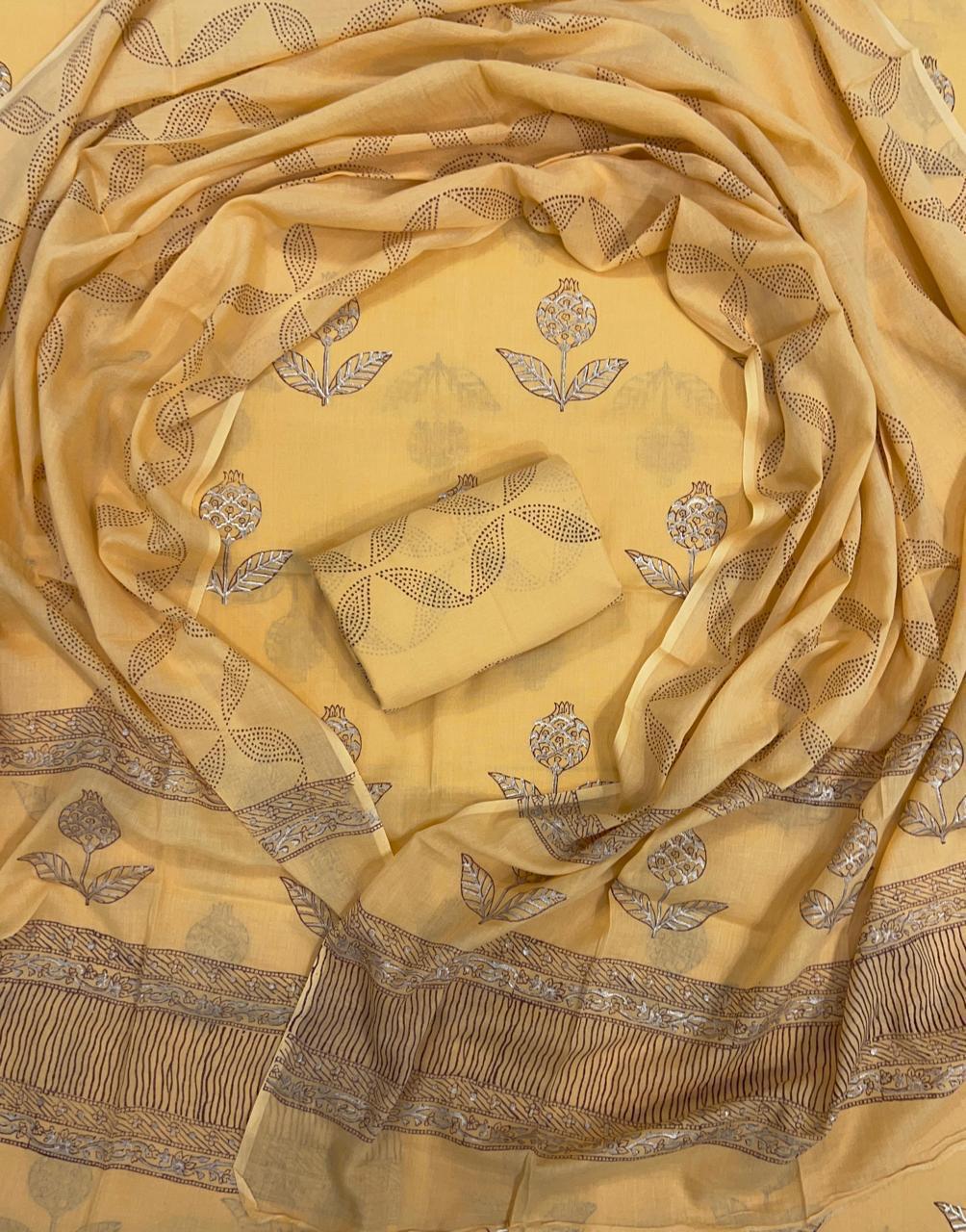 Mustard Bloom Handblock Printed Cotton Suit Set with Soft Mulmul Dupatta