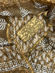 Mustard Brown Bagru Hand Block Printed Kota Doriya Suit Set with Zari Border Dupatta