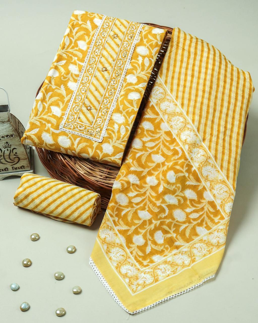 Mustard Yellow Floral Handblock Print Cotton Suit with Cotton Dupatta