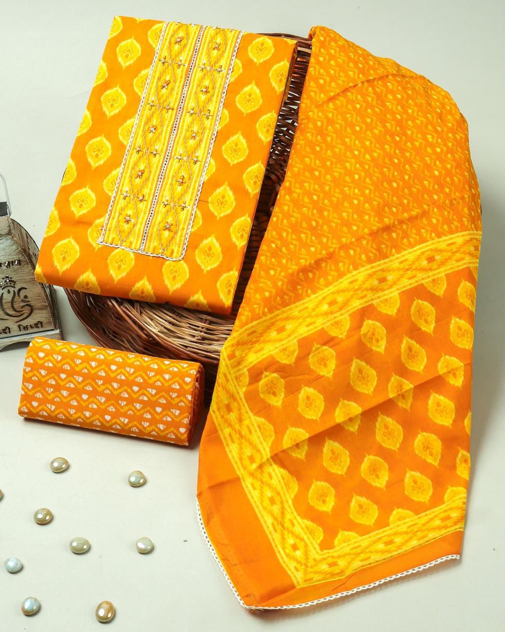 Mustard Yellow Handblock Print Cotton Suit with Cotton Dupatta