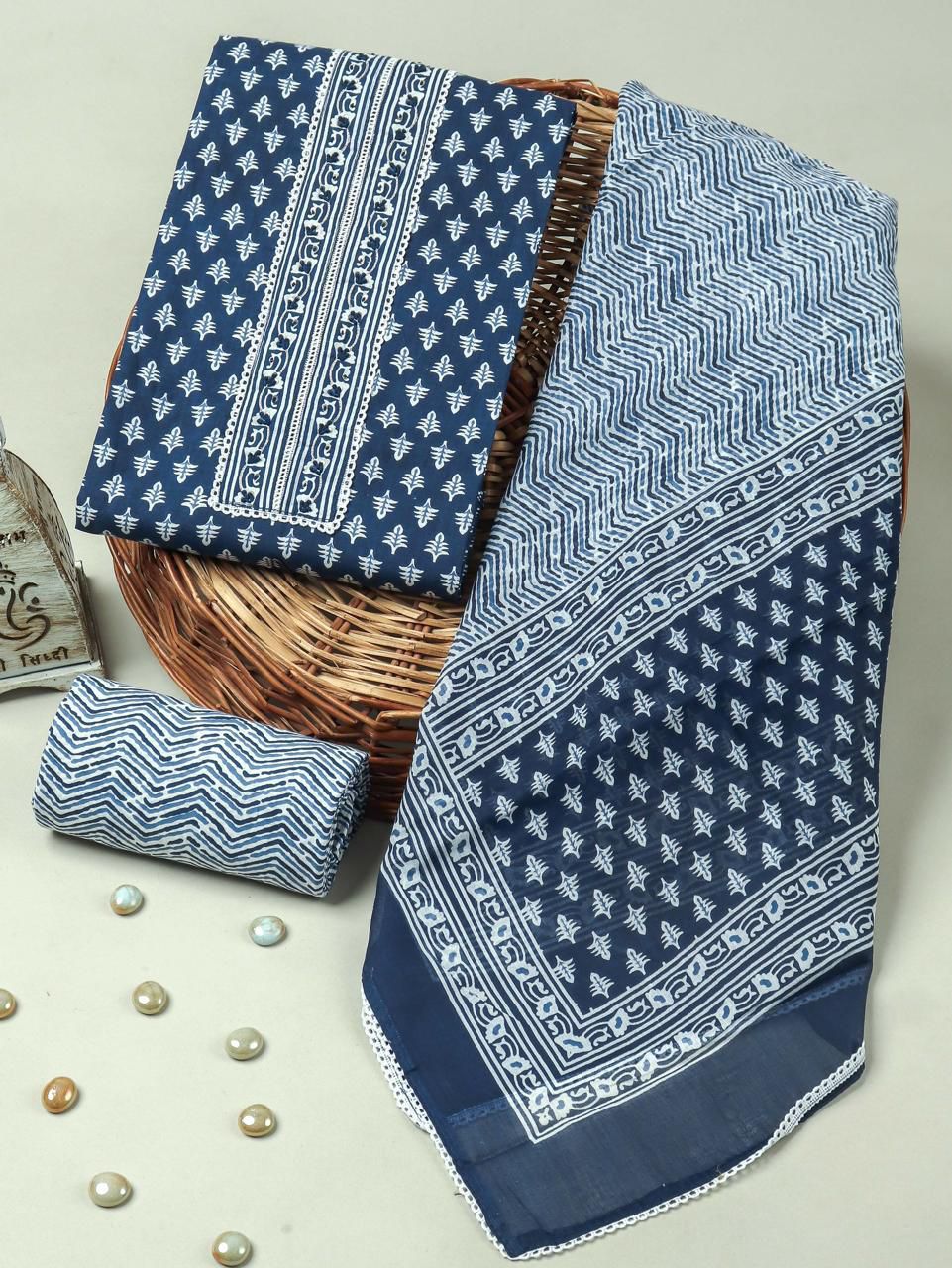 Navy Blue Handblock Print Cotton Suit with Cotton Dupatta