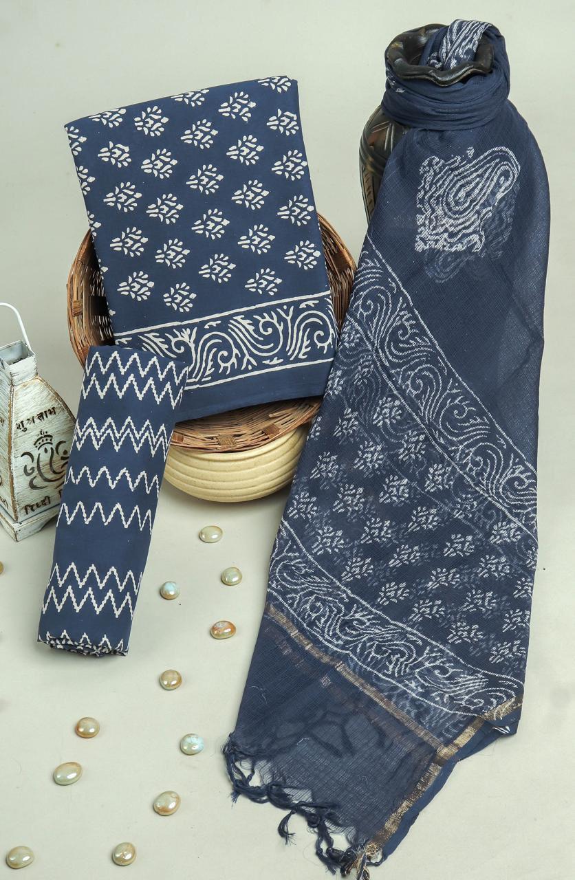 Navy Blue Handblock Print Cotton Suit With KOta Doriya Dupatta