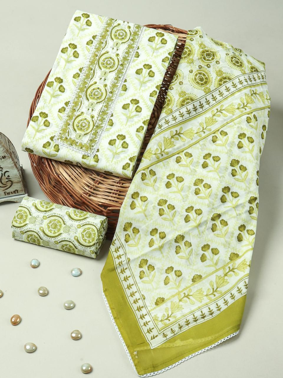 Olive Green Floral Handblock Print Cotton Suit with Cotton Dupatta