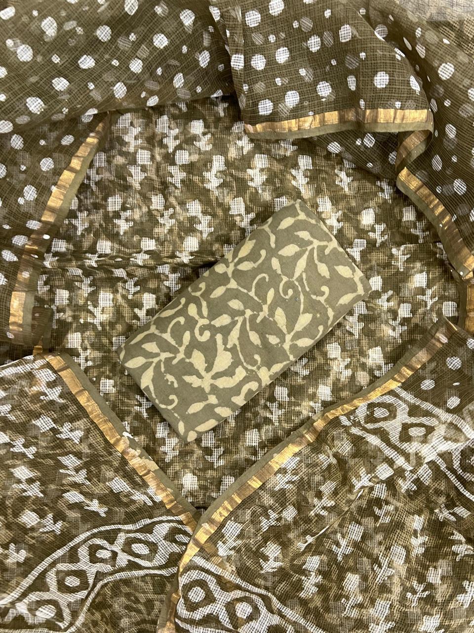 Olive Green Bagru Hand Block Printed Kota Doriya Suit Set with Zari Border Dupatta