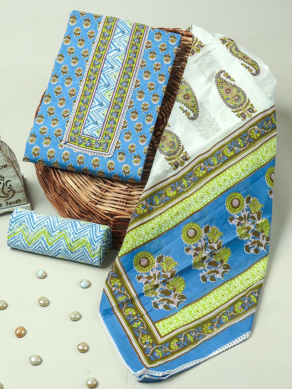 Pastel Blue Ethnic Handblock Print Cotton Suit with Cotton Dupatta