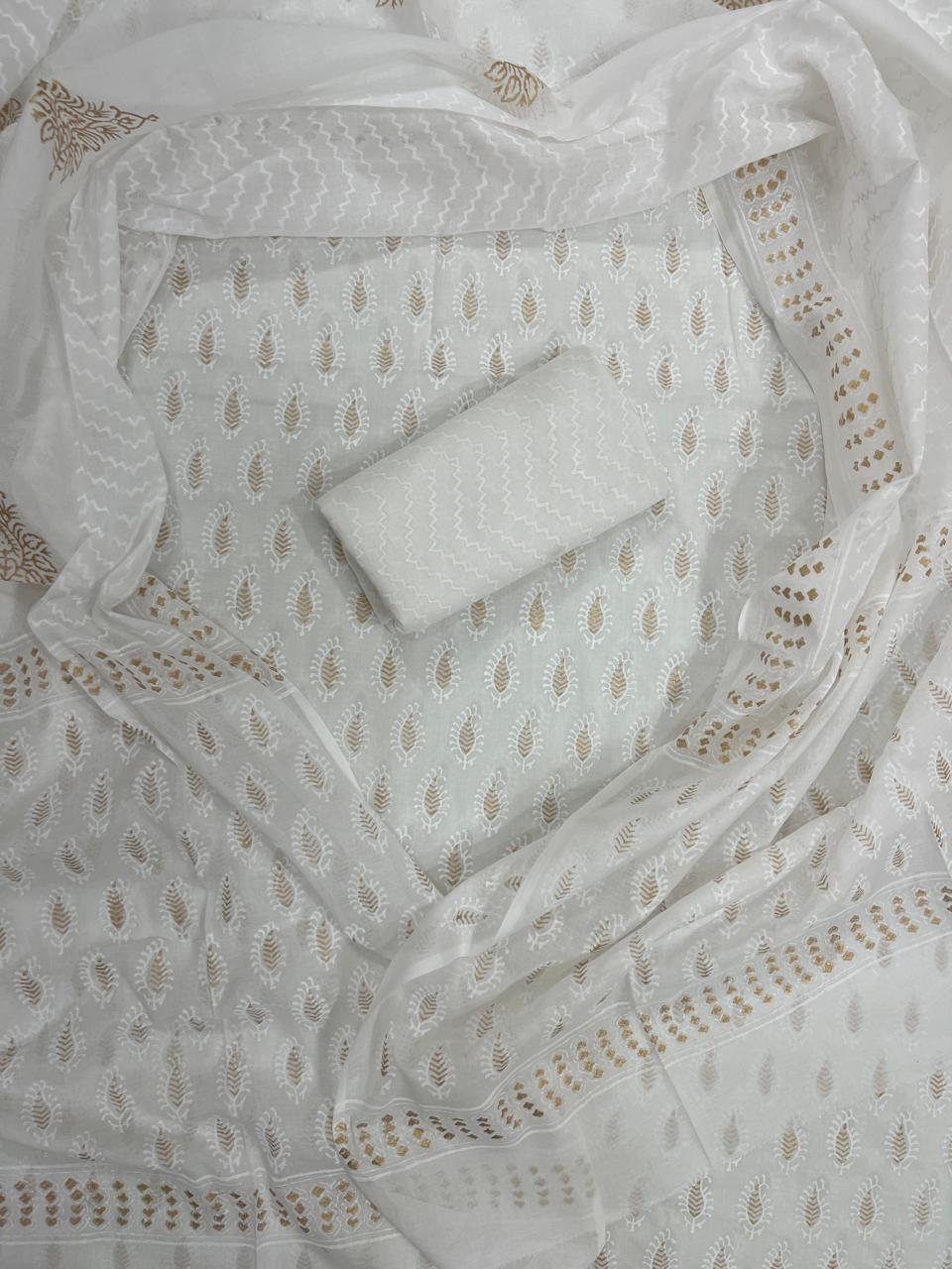 Pearl White Handblock Printed Cotton Suit Set with Elegant Mulmul Dupatta