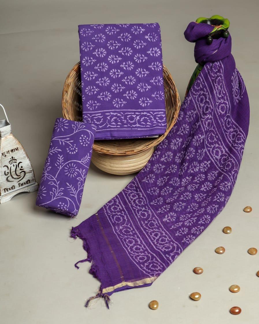 Royal Purple Handblock Print Cotton Suit With Kota Doriya Dupatta