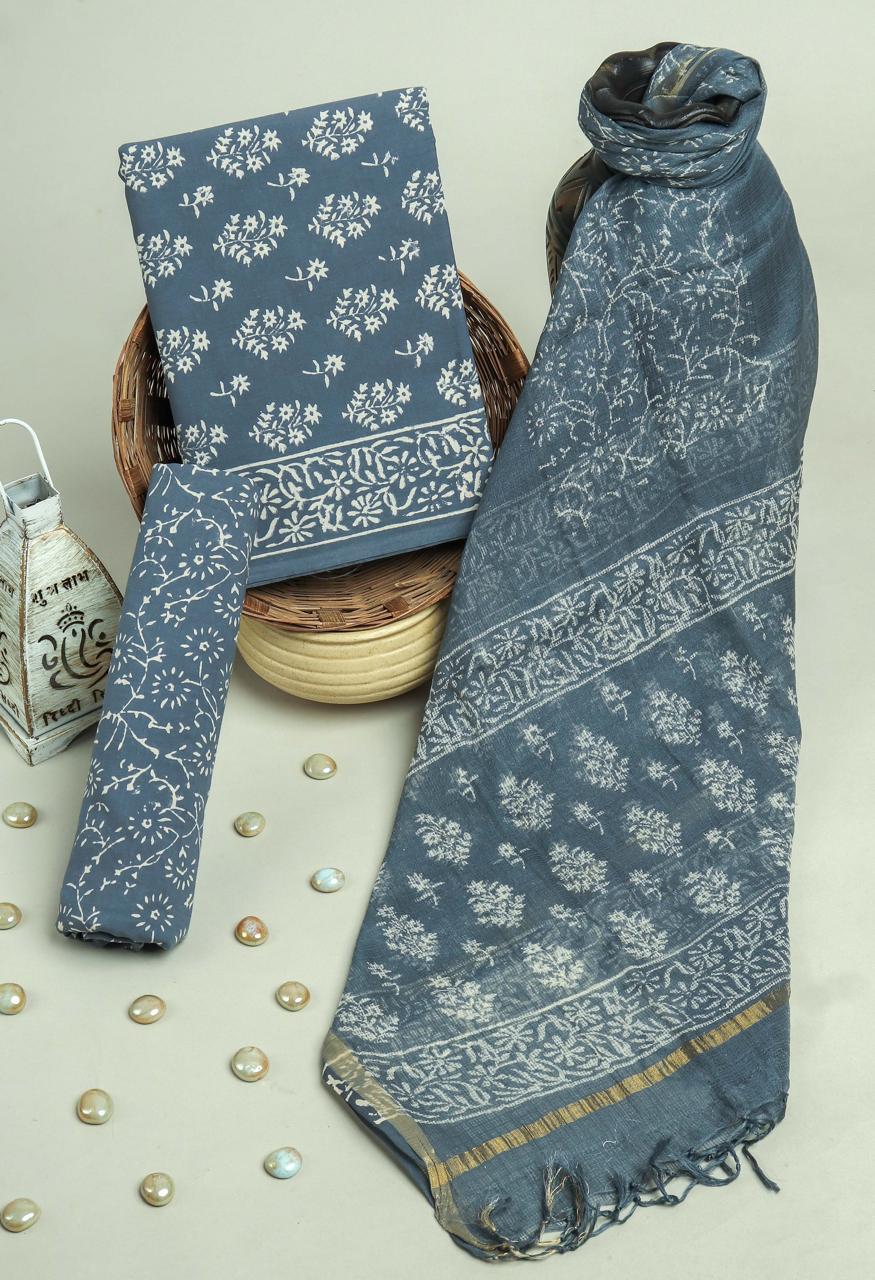Neel Pushp Cotton Suit With Kota Doriya Dupatta