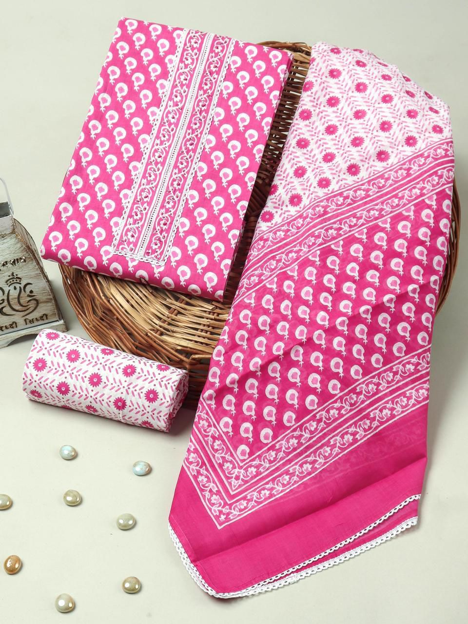 Rani Pink Jaipuri Cotton Suit Set with Printed Dupatta