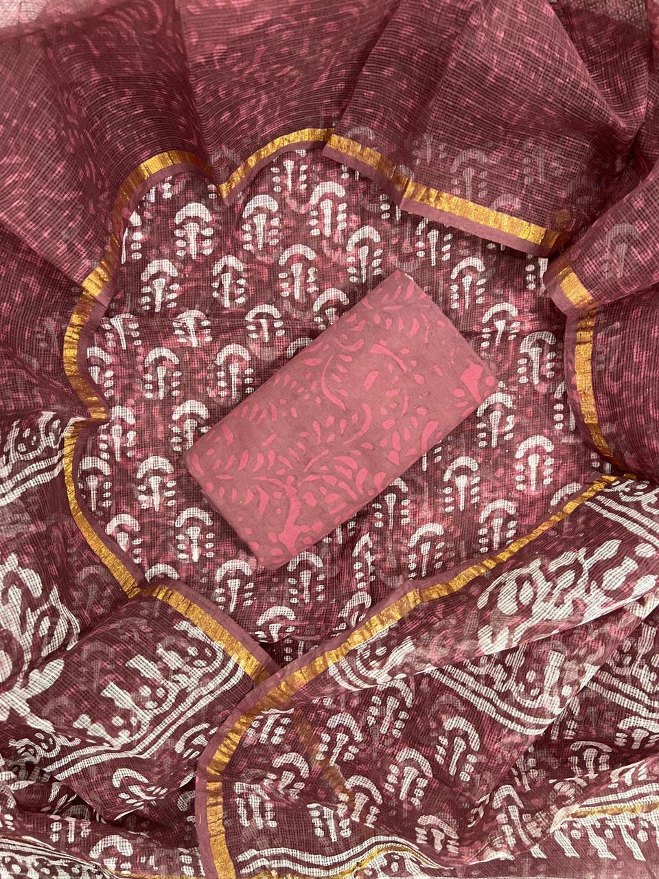 Rose Pink Bagru Hand Block Printed Kota Doriya Suit Set with Zari Border Dupatta