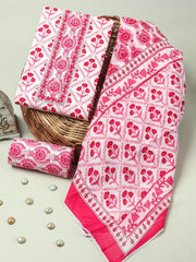 Rose Pink Ethnic Handblock Print Cotton Suit with Cotton Dupatta