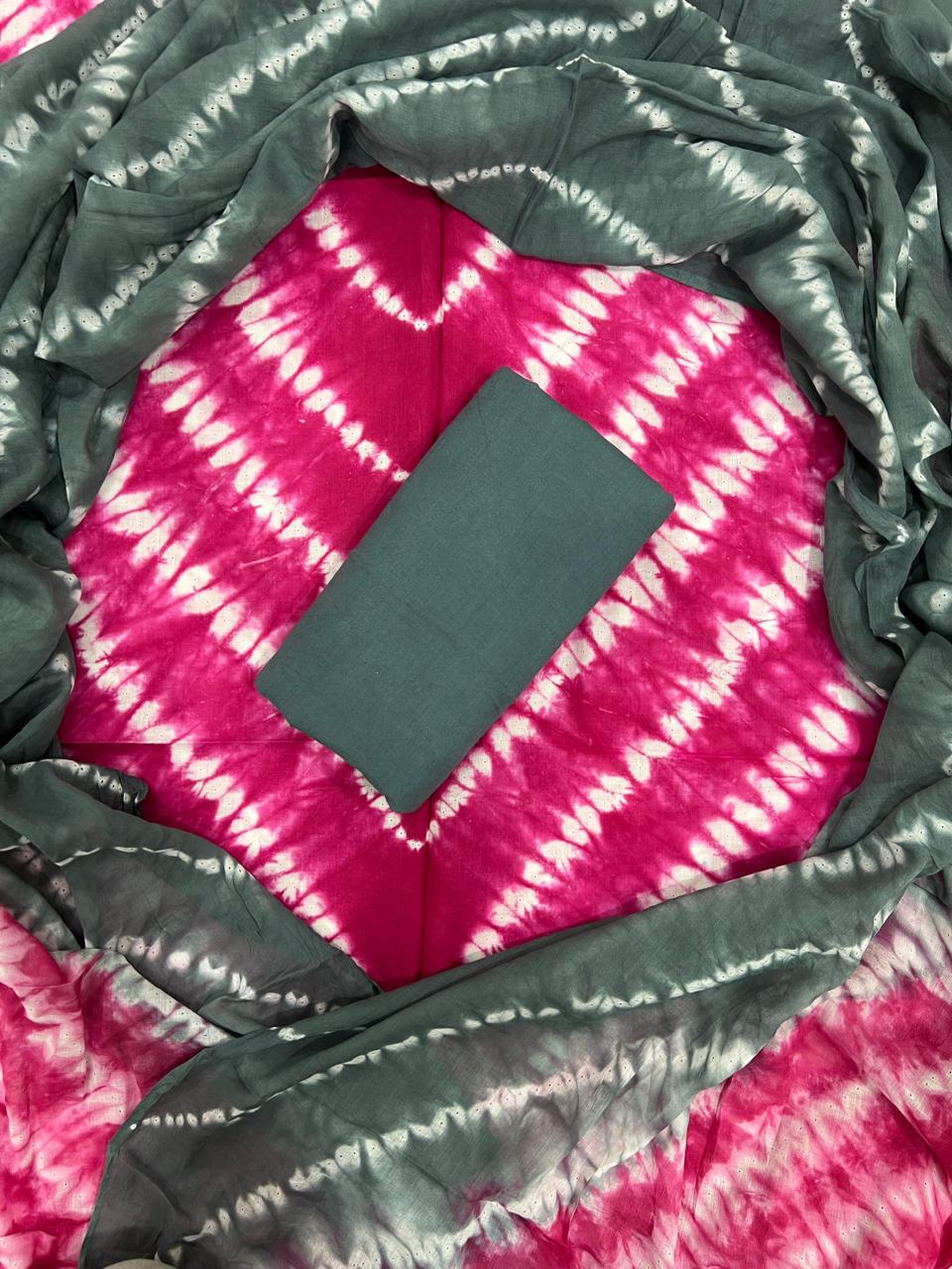 Rose Shadow Shibori Cottont Suit With Mulmul Dupatta