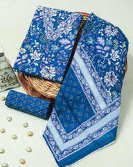 Royal Blue Floral Handblock Print Cotton Suit with Cotton Dupatta