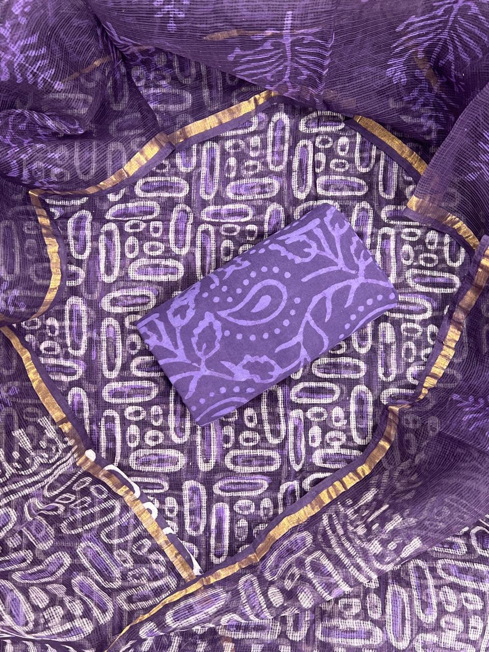 Royal Purple Bagru Hand Block Printed Kota Doriya Suit Set with Zari Border Dupatta