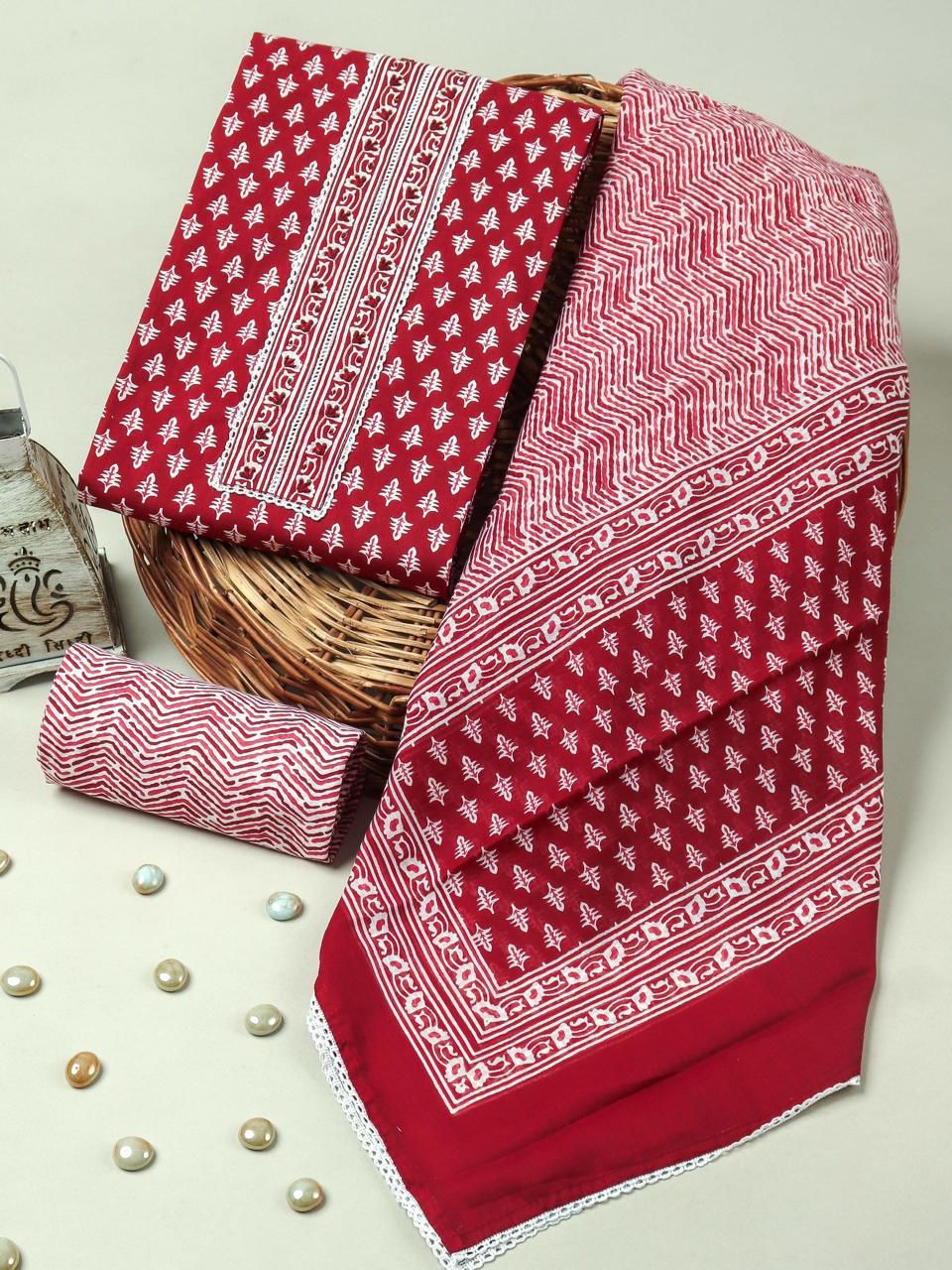 Ruby Red Ethnic Handblock Print Cotton Suit with Cotton Dupatta