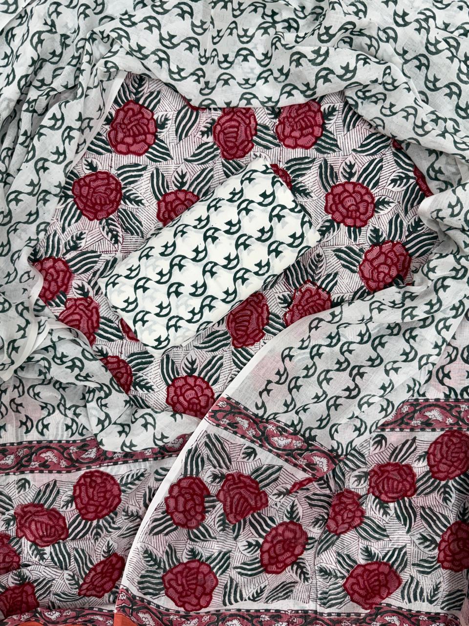 Ruby Rose Handblock Printed Cotton Suit Set with Soft Mulmul Dupatta