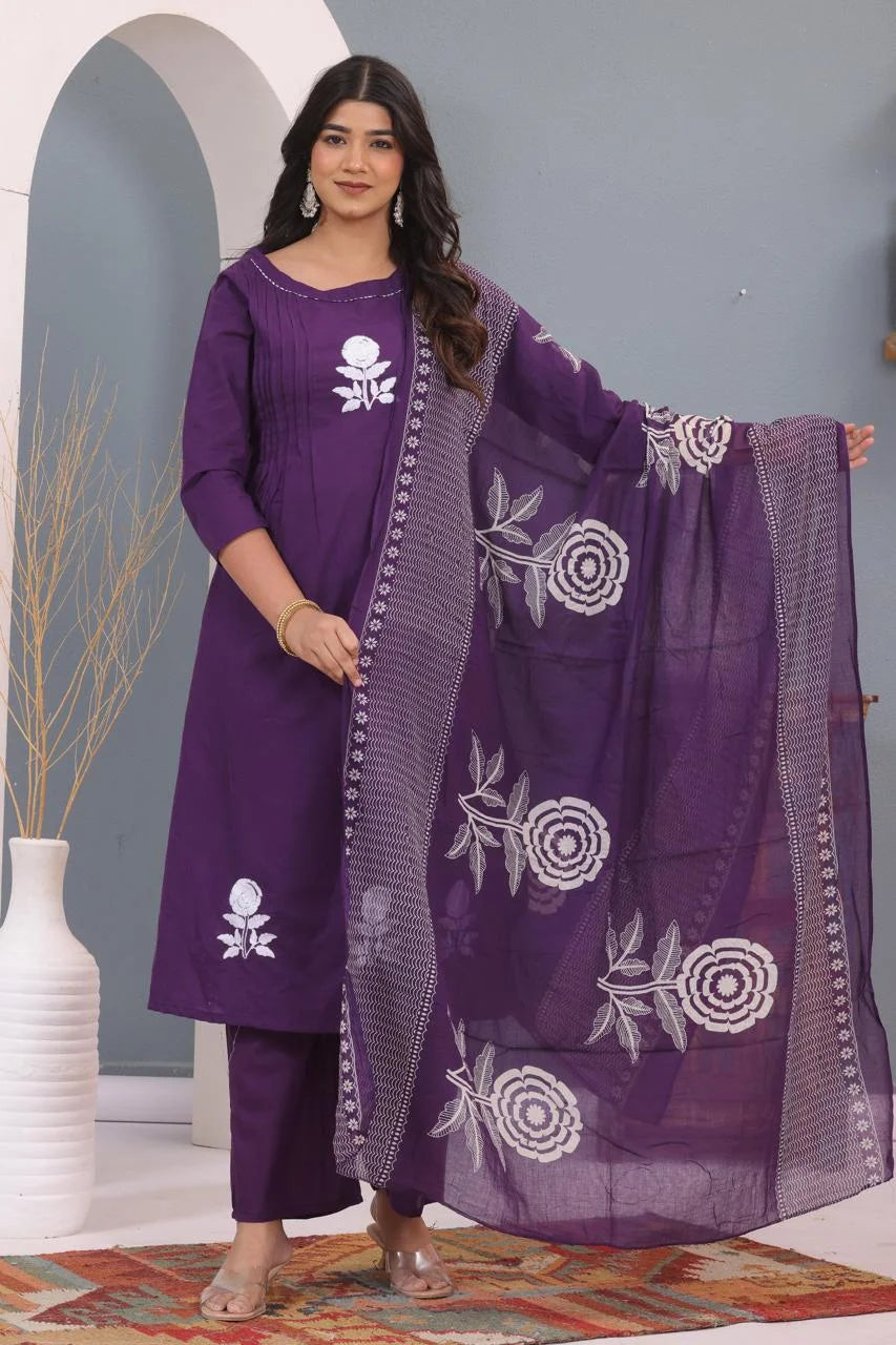 Elegant A-Line Kurta Palazzo Dupatta Set | Embroidered & Discharge Dyed