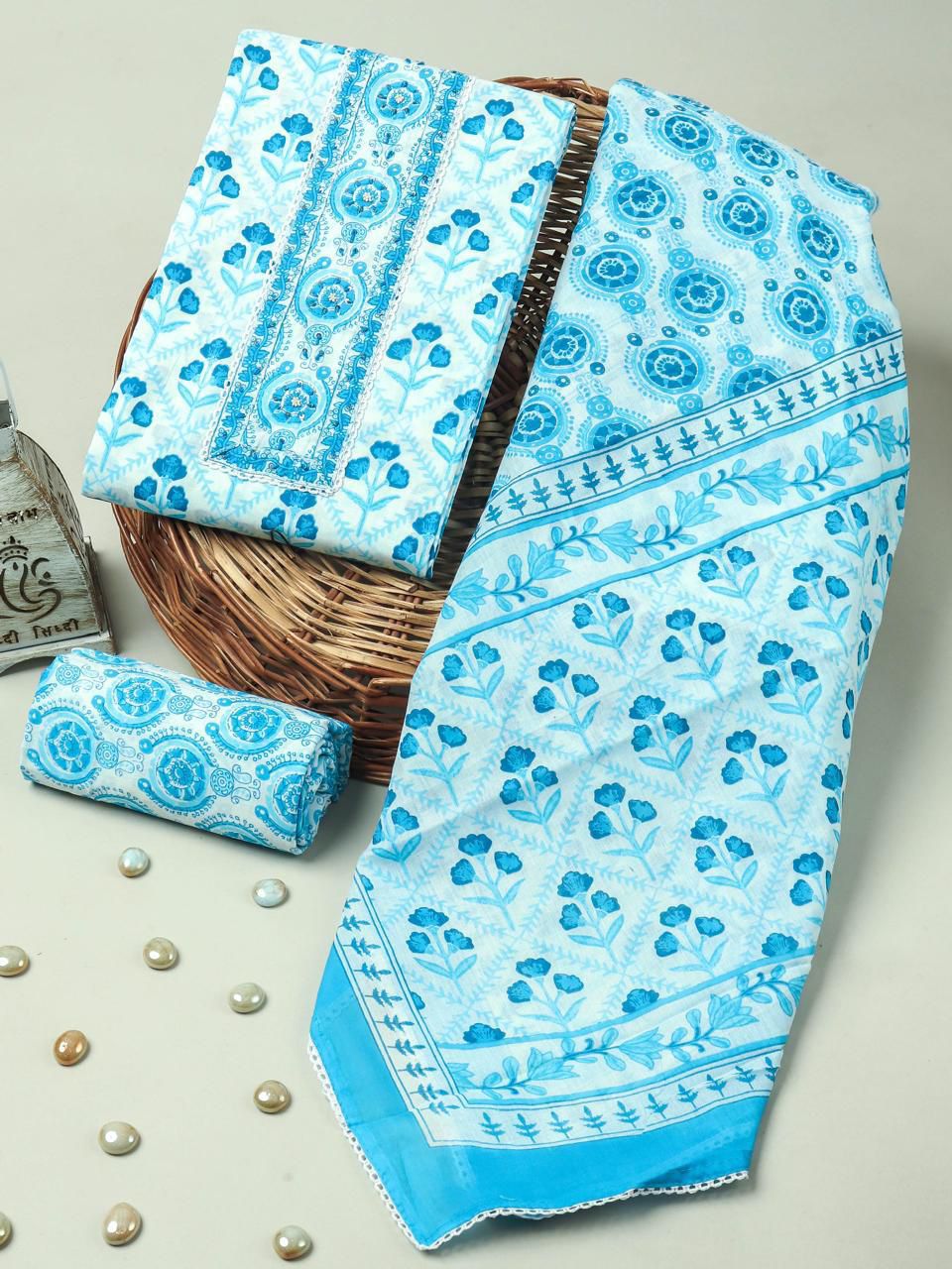 Sky Blue Handblock Print Cotton Suit Material with Cotton Dupatta