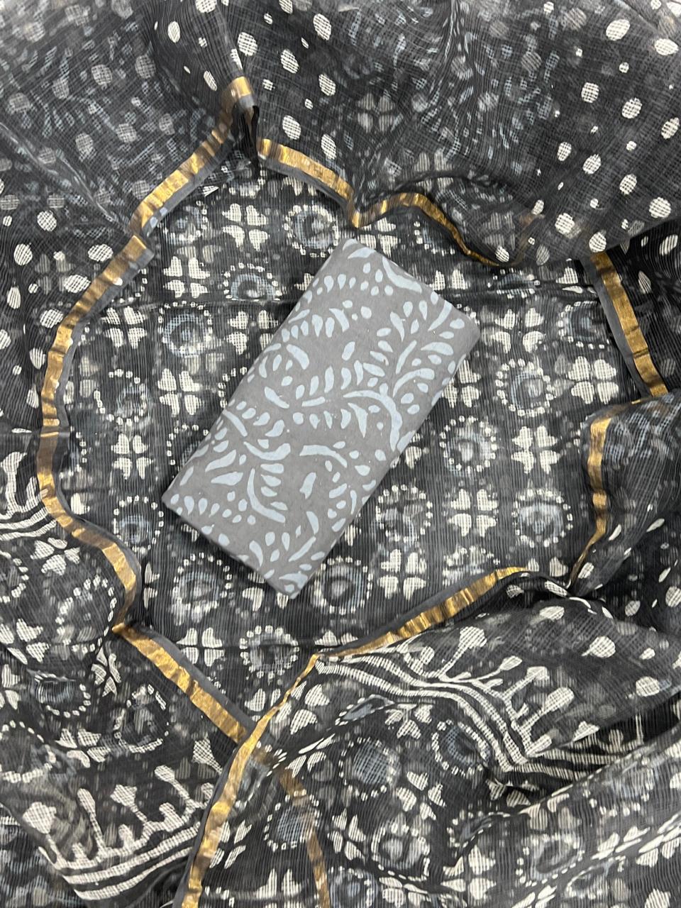 Smoke Grey Traditional Bagru Print Kota Doriya Suit Set