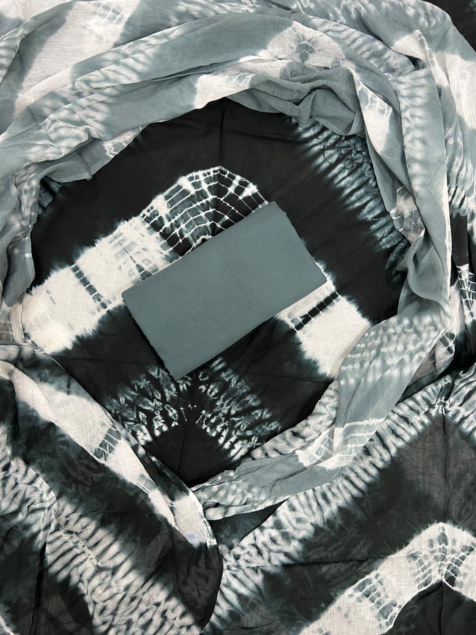 Smoky Grey Tie-Dye Handblock Printed Cottont Suit With Mulmul Dupatta