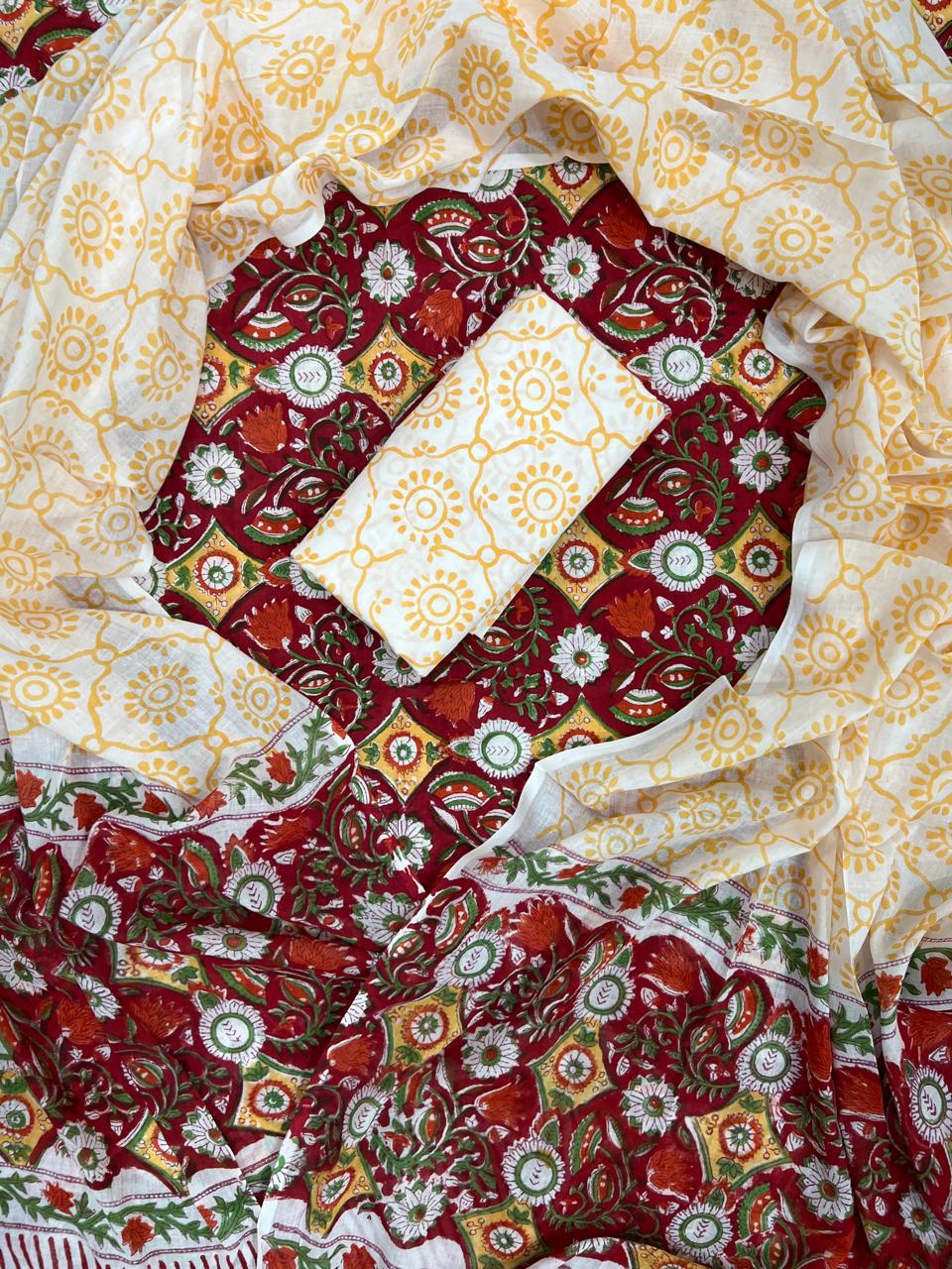 Sunlit Maroon Floral Handblock Cotton Suit Set with Kota Doriya Dupatta